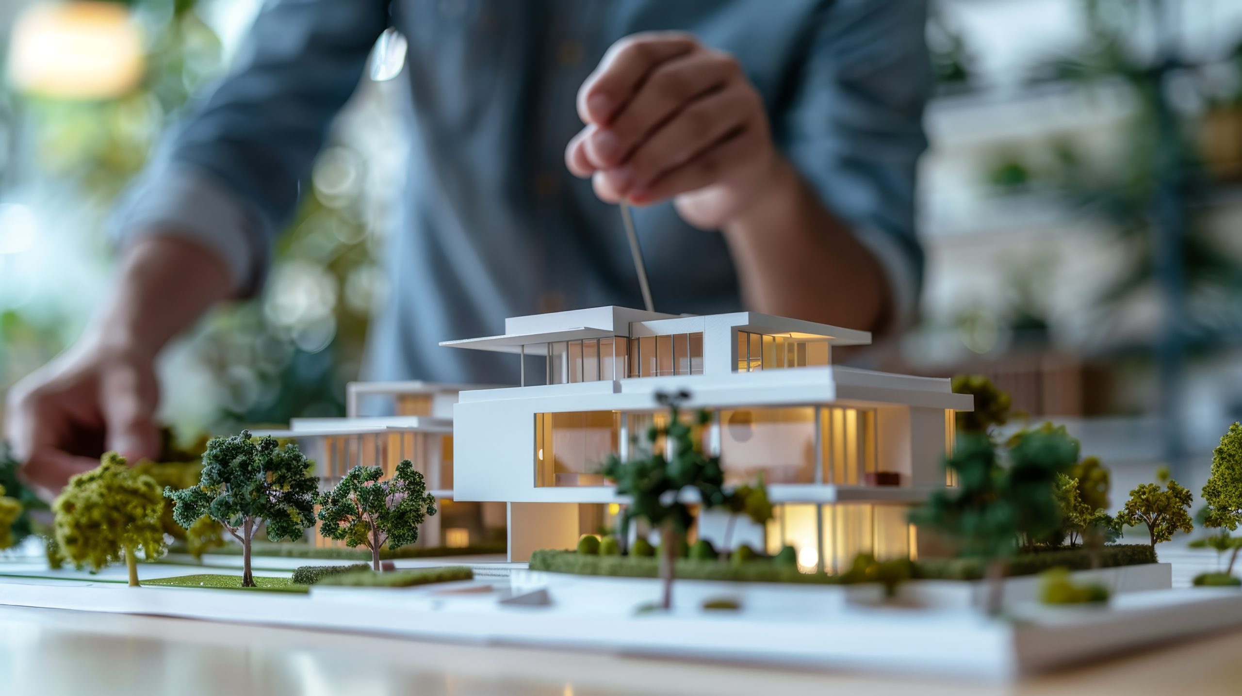 Architect working on modern architectural model, showcasing building design with greenery, indoors with focus on details and creativity.