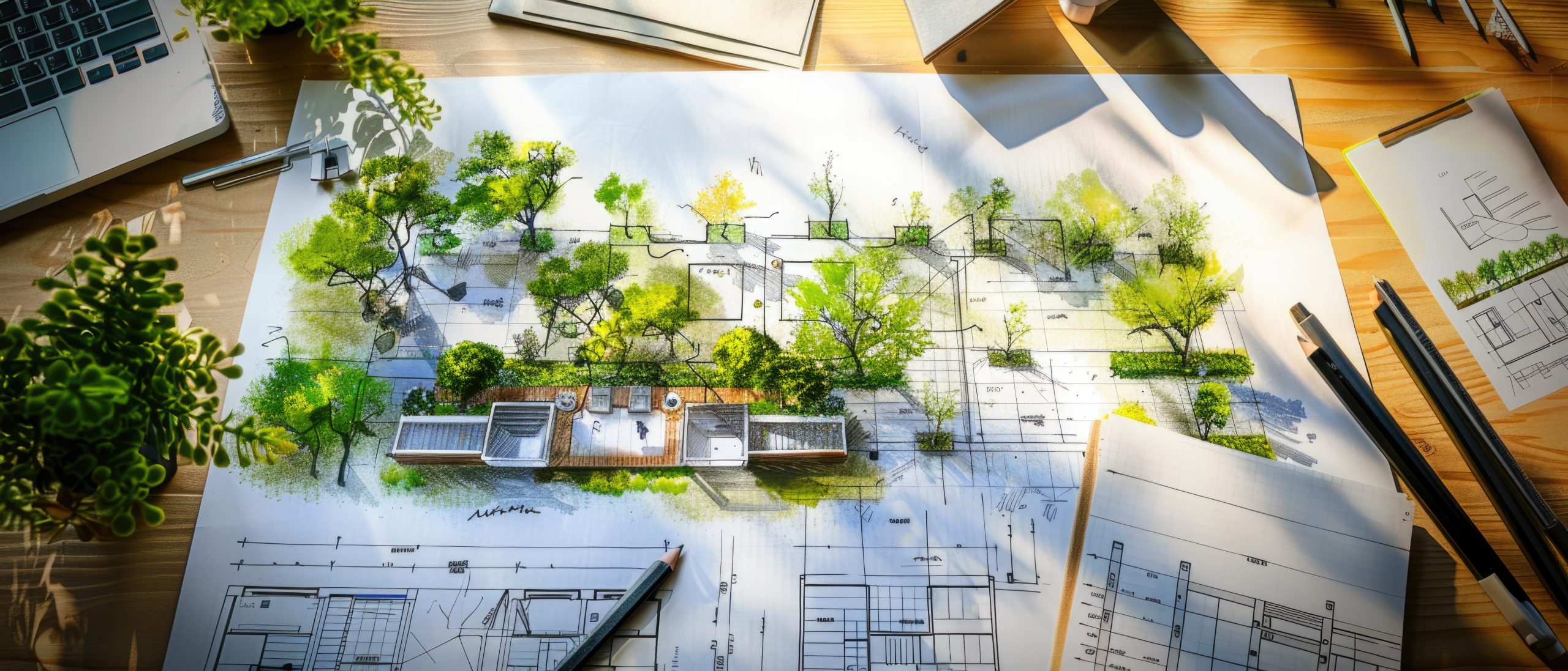 Architectural plans with landscape design on the desk. Top view