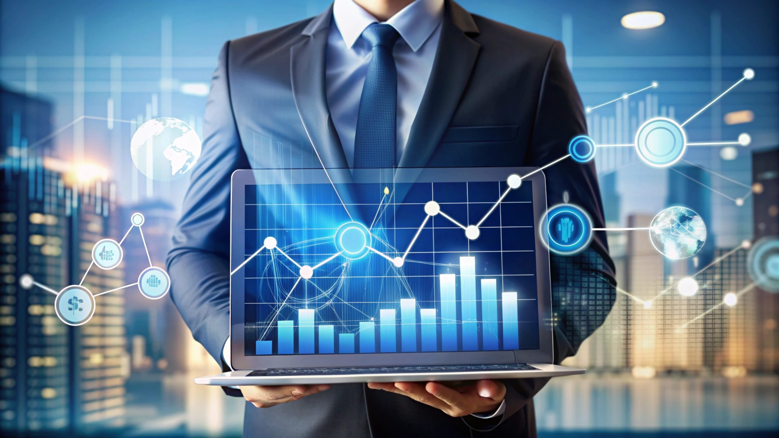 Businessman Holding Laptop Showing Financial Data.