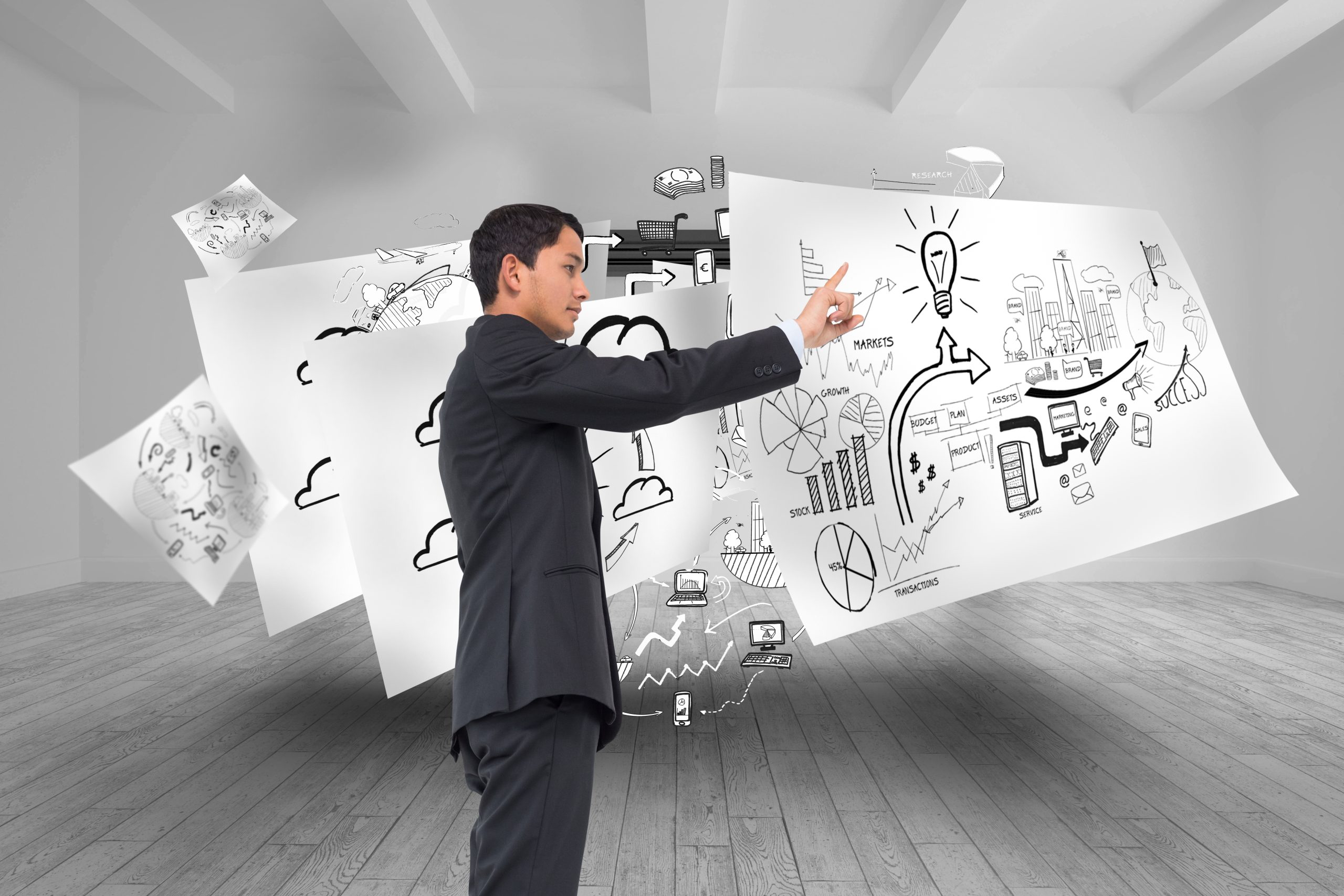 Composite image of serious asian businessman pointing