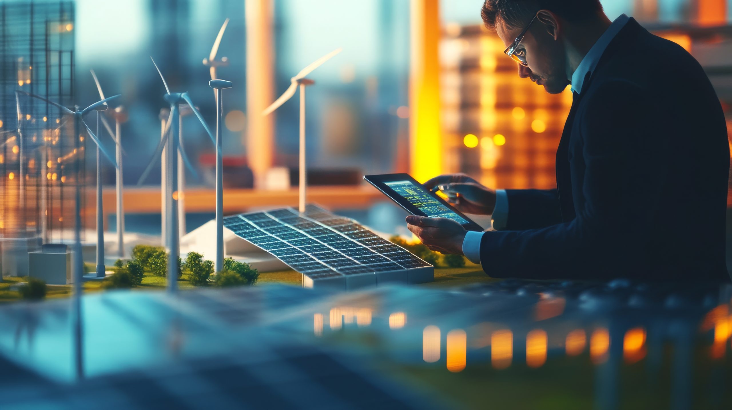 Engineer with tablet analyzing renewable energy data, surrounded by solar cells and wind turbines.