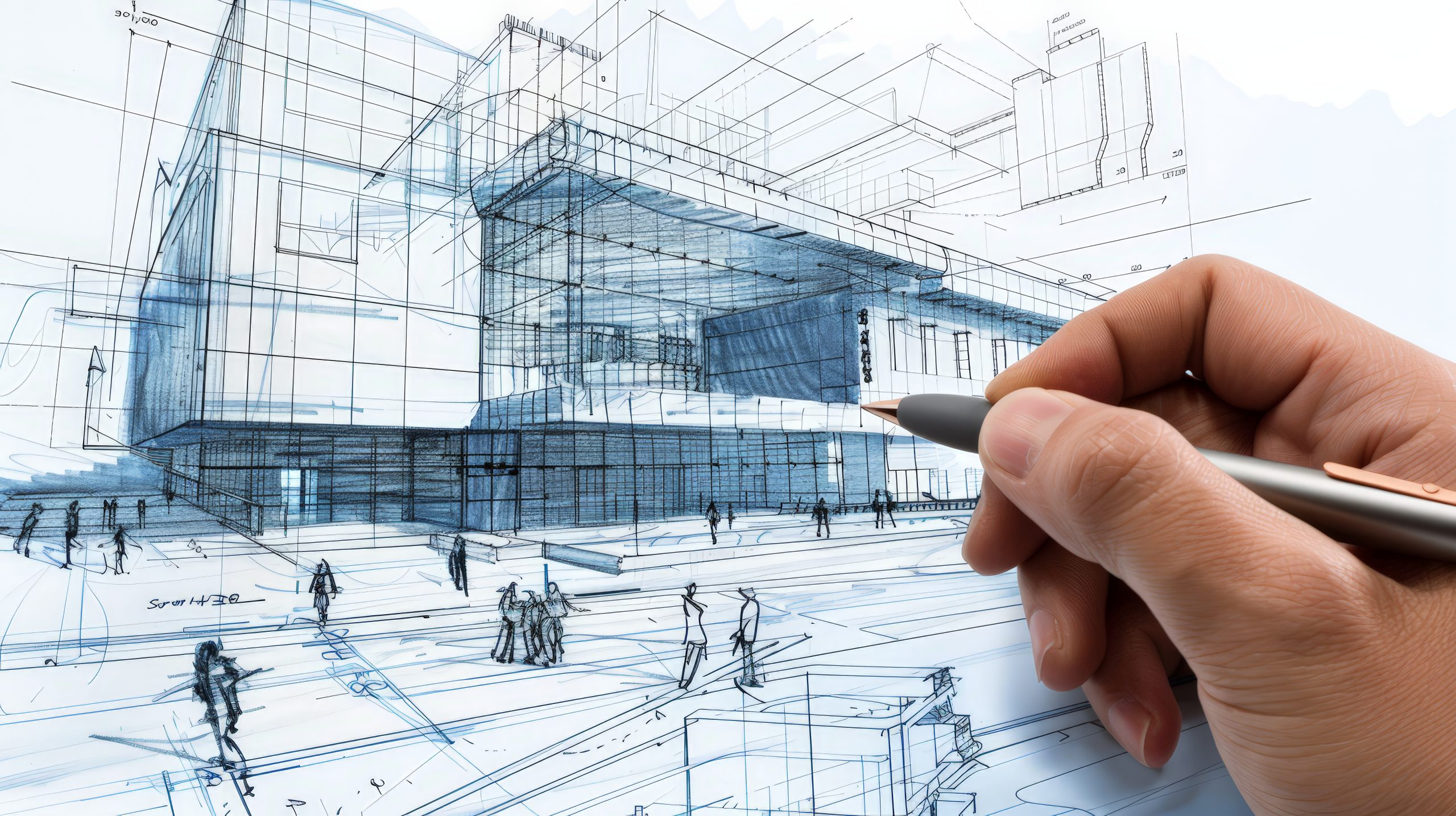 Illustrate an architect working on the design of a contemporary theater, drawing plans that include stage layout, seating arrangements, and acoustics. Emphasize the creative and technical aspects.