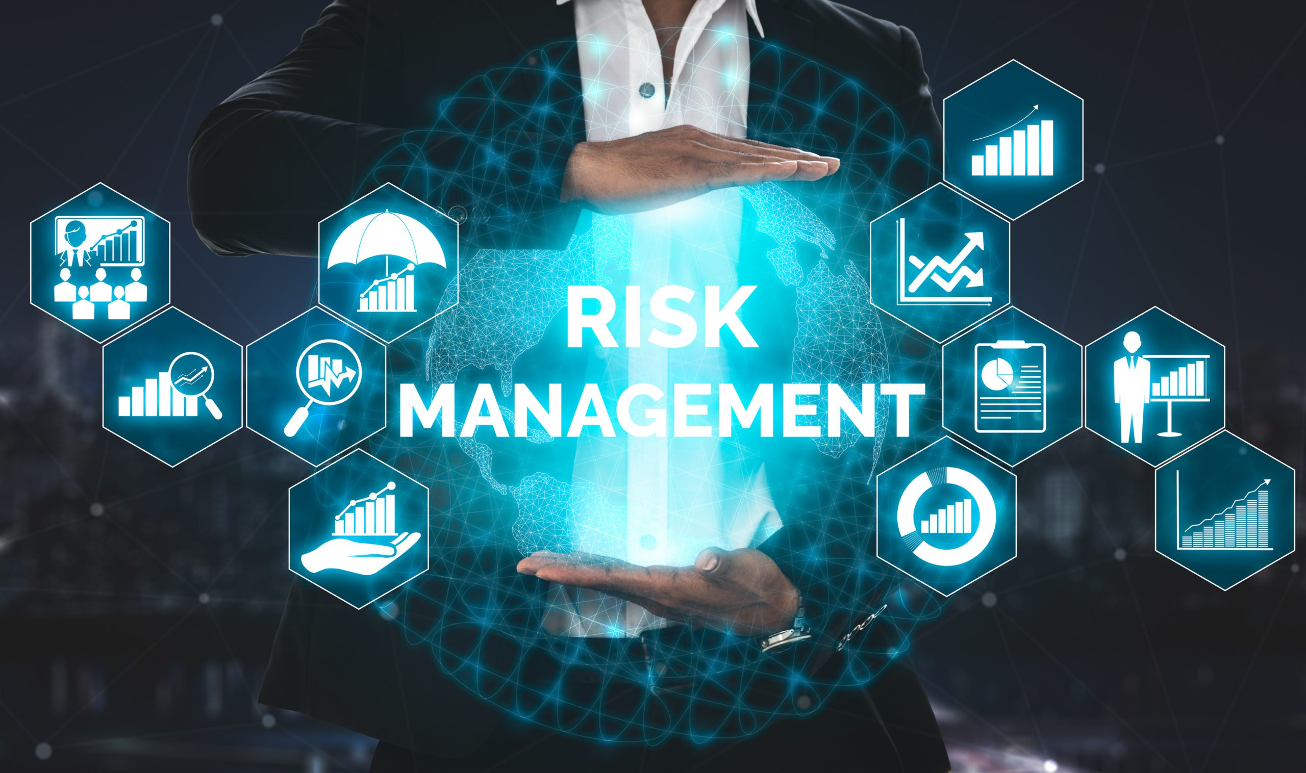 Risk Management and Assessment for Business Investment Concept. Modern graphic interface showing symbols of strategy in risky plan analysis to control unpredictable loss and build financial safety.